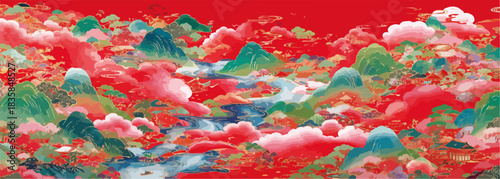 Vibrant vector illustration depicting a fantastical Asian-inspired landscape with colorful mountains, flowing river, and ethereal clouds under a dramatic red sky.