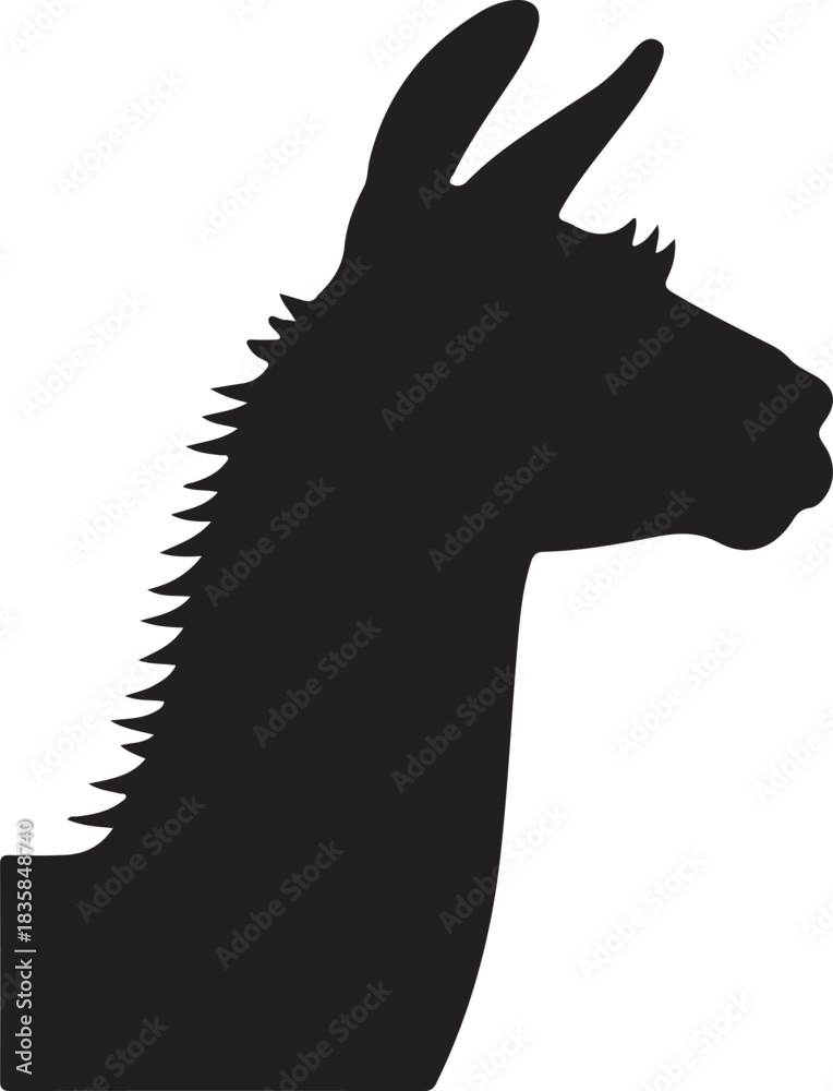 Obraz premium Black silhouette of a llama head facing right with spiky mane detail white animal