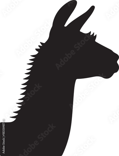 Black silhouette of a llama head facing right with spiky mane detail white animal