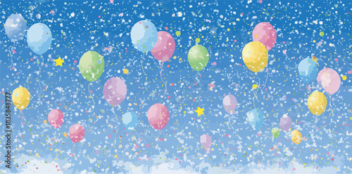 Vibrant vector illustration of colorful party balloons and sparkling confetti floating against a clear blue sky, symbolizing joy and celebration.