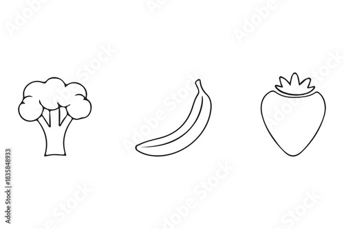 Simple line art icons of broccoli banana and strawberry isolated on white background