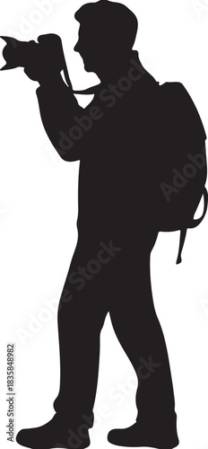 Black silhouette of a man with a backpack holding a camera and taking a picture person