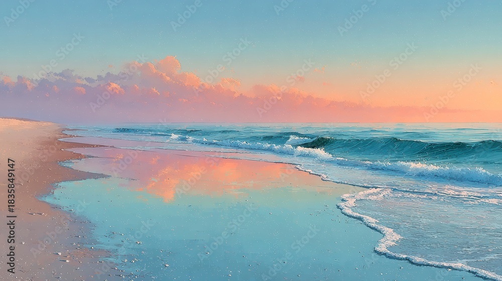 Obraz premium Serene beach at sunset, calm waves lapping shore, soft pastel skies reflecting on tranquil water surface, perfect for relaxation.