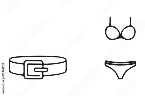 Simple outline icons of a belt and a bikini set isolated on white background