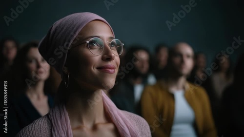 Smiling woman in headscarf looking up at an event with audience