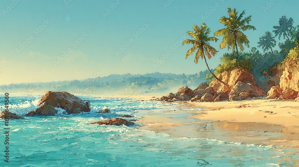 Naklejka premium Serene beach scene with calm turquoise waters, sandy shore, palm trees swaying in the breeze, ideal for relaxation themes.