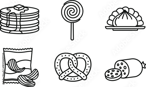 Collection of six snack food outline vector icons including pancakes lollipop chips pretzel and sausage isolated on white background