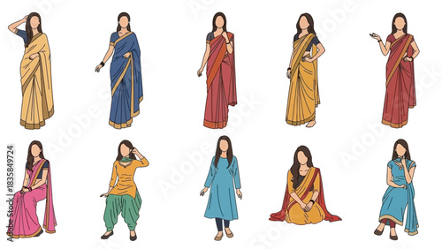 Diverse collection of Indian women showcasing traditional saree and salwar kameez styles in various poses