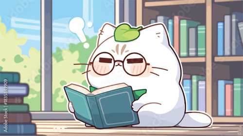 Adorable vector cat character wearing glasses diligently reads a book in a cozy library setting, pondering new knowledge.
