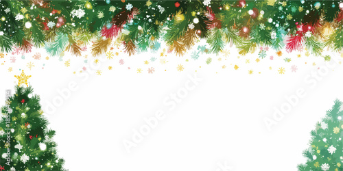 Festive vector Christmas banner featuring decorated fir branches, sparkling lights, and snow on a clean white background, with elegant holiday trees.