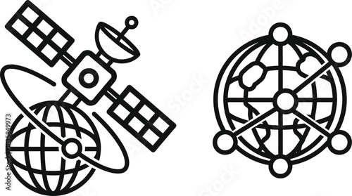 Global satellite communication and worldwide network vector icon collection showing data exchange isolated on white background