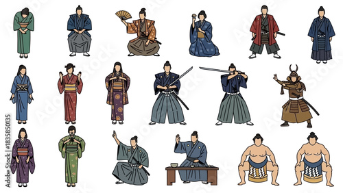Stunning collection of diverse Japanese historical figures showing traditional customs samurai and sumo wrestlers