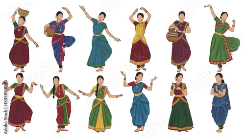 Stunning collection of Indian classical Bharatanatyam dancers showcasing vibrant cultural poses and traditional costumes