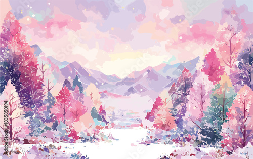 A dreamy, vibrant vector landscape depicting a whimsical winter wonderland with pastel-colored trees, snowy mountains, and a magical, ethereal atmosphere.