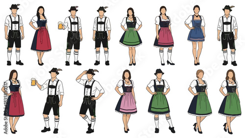Stunning collection of men in lederhosen and women in dirndls ready for vibrant Oktoberfest celebrations