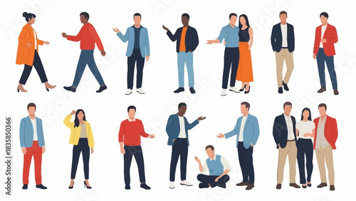 Diverse group of modern professionals and couples posing and gesturing in various standing and seated poses