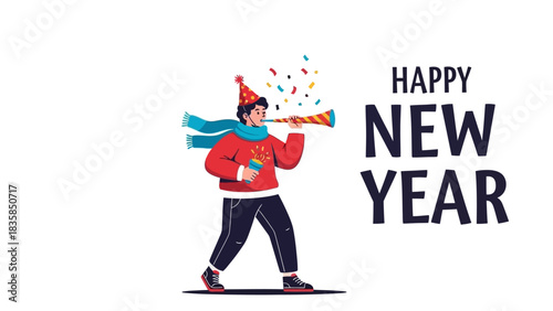 Joyful person celebrating New Year's Eve with confetti and party horn, embracing festive cheer and new beginnings with excitement