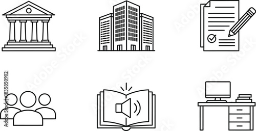 Set of 6 outline vector icons depicting business legal and education concepts isolated on white background