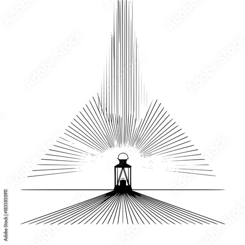 A mysterious lantern casting light upward and downward with radiating lines is the focal point of the art 100