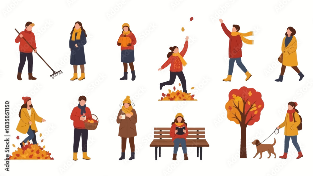 Naklejka premium Vibrant autumn scenes showcasing diverse people enjoying crisp fall weather with seasonal activities and colorful foliage