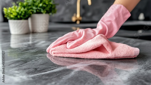 Woman cleaning kitchen countertop with pink cloth.  Possible use Stock photo for cleaning supplies or home improvement
