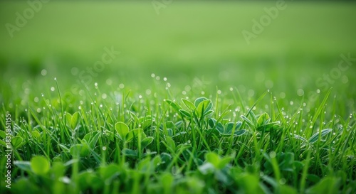 Green grass with dew drops on it. The natural green color of the grass is a notable feature.