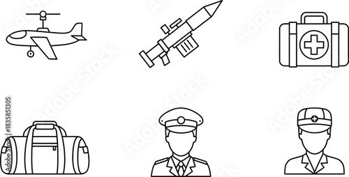 Set of six military and defense themed vector icons featuring a pilot rocket launcher and helicopter isolated on white background