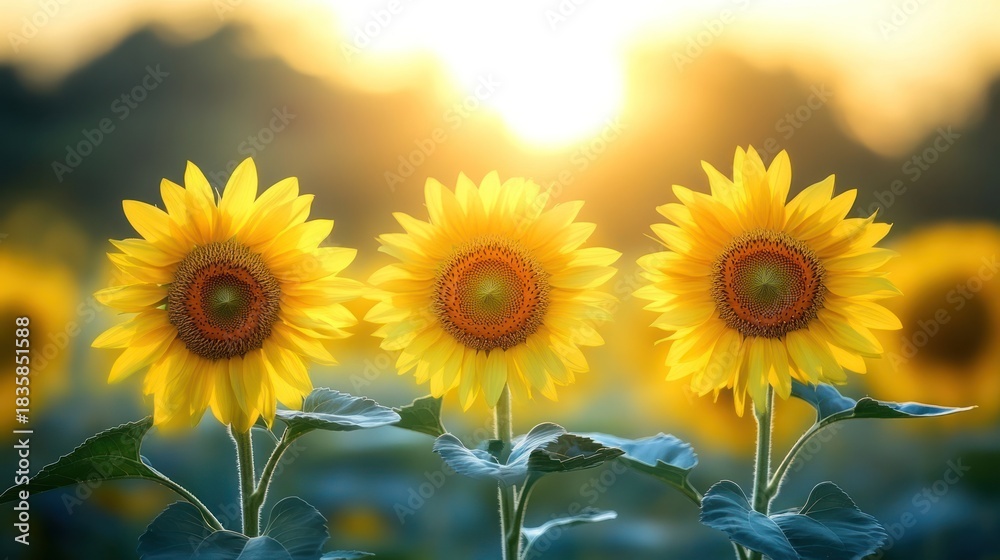 Fototapeta premium Sunflowers field at sunset, beautiful nature scene, perfect for backgrounds and lifestyle images