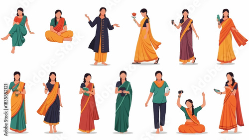 Vibrant collection of diverse women in traditional Indian attire showcasing various activities and poses for dynamic projects