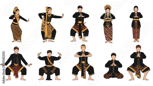 Captivating dancers showcase traditional Javanese cultural heritage through graceful poses and vibrant attire, celebrating Indonesia's rich artistic legacy.
