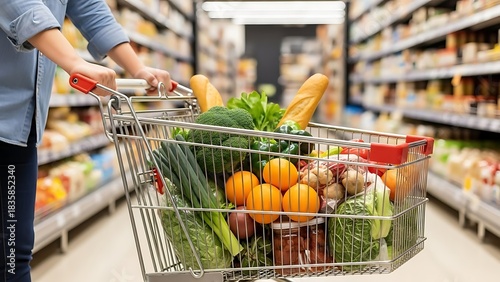 A person pushes a metal shopping cart overflowing with fresh produce, including vegetables, fruits, and baguettes, down a well-stocked supermarket aisle.