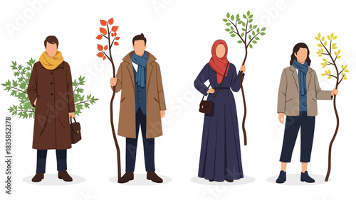 Diverse individuals embrace autumn's beauty holding branches with changing leaves, symbolizing growth and seasons.