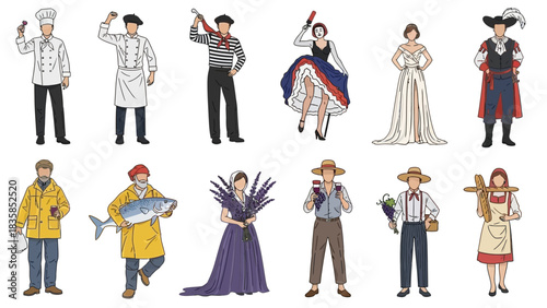 Vibrant collection of diverse French characters showcasing traditional professions and cultural icons, perfect for historical or travel themes