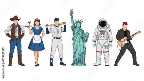 Diverse professions and iconic figures stand together embodying American spirit, innovation, and cultural representation for dynamic projects.