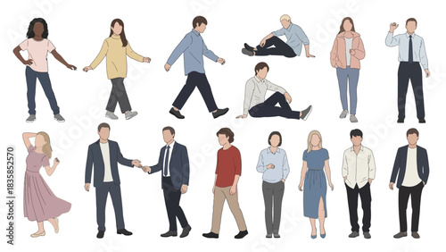 Diverse group of stylish individuals in casual and professional attire, representing modern life and everyday activities seamlessly