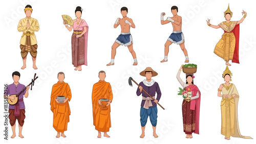 Diverse Thai culture showcase featuring traditional dancers, monks, farmers, musicians, and martial artists in vibrant attire