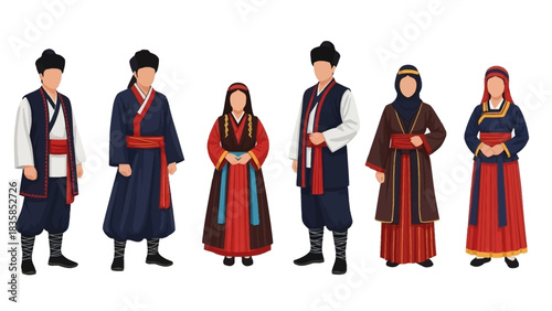 Diverse group showcasing traditional cultural attire from various ethnic backgrounds with rich historical patterns and vibrant colors