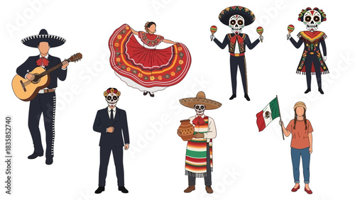 Vibrant Mexican cultural celebration featuring mariachi musicians, dancers, skeleton figures, and a flag bearer celebrating heritage and tradition.
