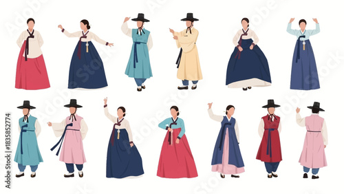 Vibrant collection of diverse Korean people in traditional Hanbok attire, celebrating cultural heritage with graceful poses and colorful designs