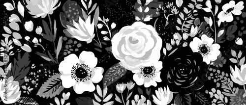 Elegant black and white vector floral seamless pattern featuring hand-drawn roses, anemones, and botanical foliage, ideal for sophisticated designs.