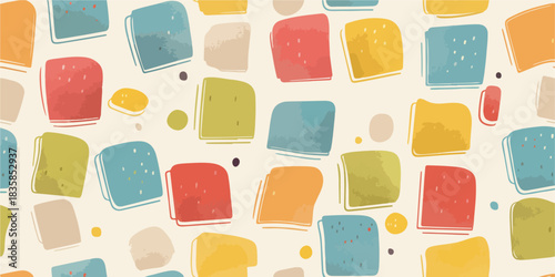 Seamless vector pattern featuring a playful arrangement of hand-drawn, colorful, textured squares and dots on a light background.