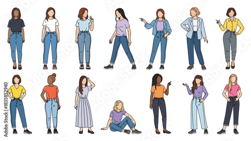 Diverse women in casual modern attire showcase confident poses and individuality, perfect for lifestyle and business themes.