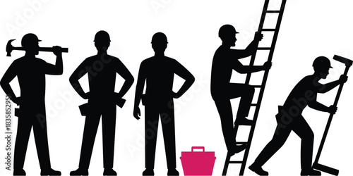 Construction workers with tools and ladder silhouettes performing various tasks representing labor, teamwork, craftsmanship, building industry and professional contractor occupations