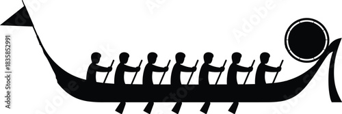 Dragon boat team paddling in synchronized rhythm with drummer leading crew, teamwork sports silhouette illustration for racing, festival, rowing competition themes