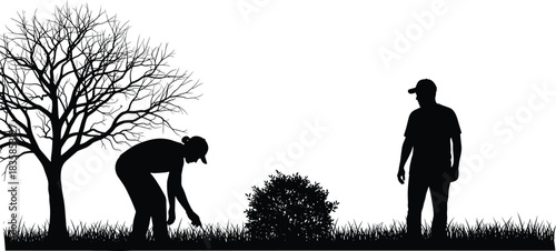 Gardener planting shrub while another worker supervises outdoor landscaping scene with tree, grass, garden maintenance silhouette illustration for yard work themes