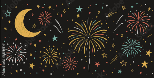 Colorful fireworks on black background, ideal for New Year’s Eve, celebrations, or illustrating explosive, joyful, and vibrant party visuals.