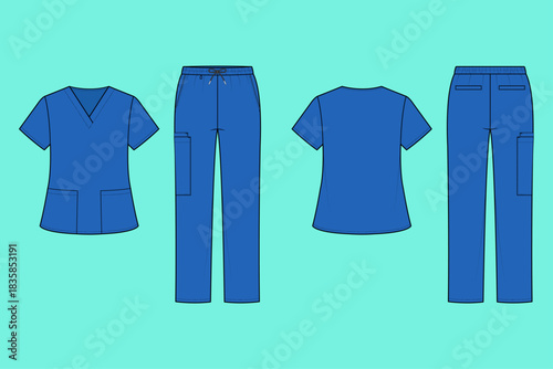 Unisex Medical Scrubs Uniform Set Flat Sketch - Front and Back Views