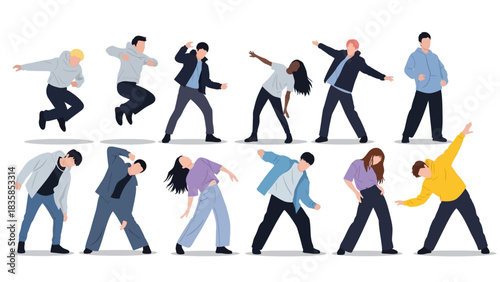 Dynamic group of diverse dancers showcasing energetic moves and modern urban style, perfect for creative projects and advertising.