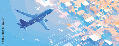 A sleek blue vector airplane soars above an abstract, futuristic cityscape, symbolizing global travel and modern connectivity.