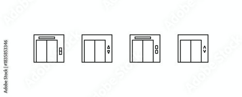 Line art vector icons of four different elevator doors and control panels, suitable for architectural plans or user interface design